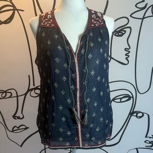Lucky Brand Navy and Red Embroidered Blouse